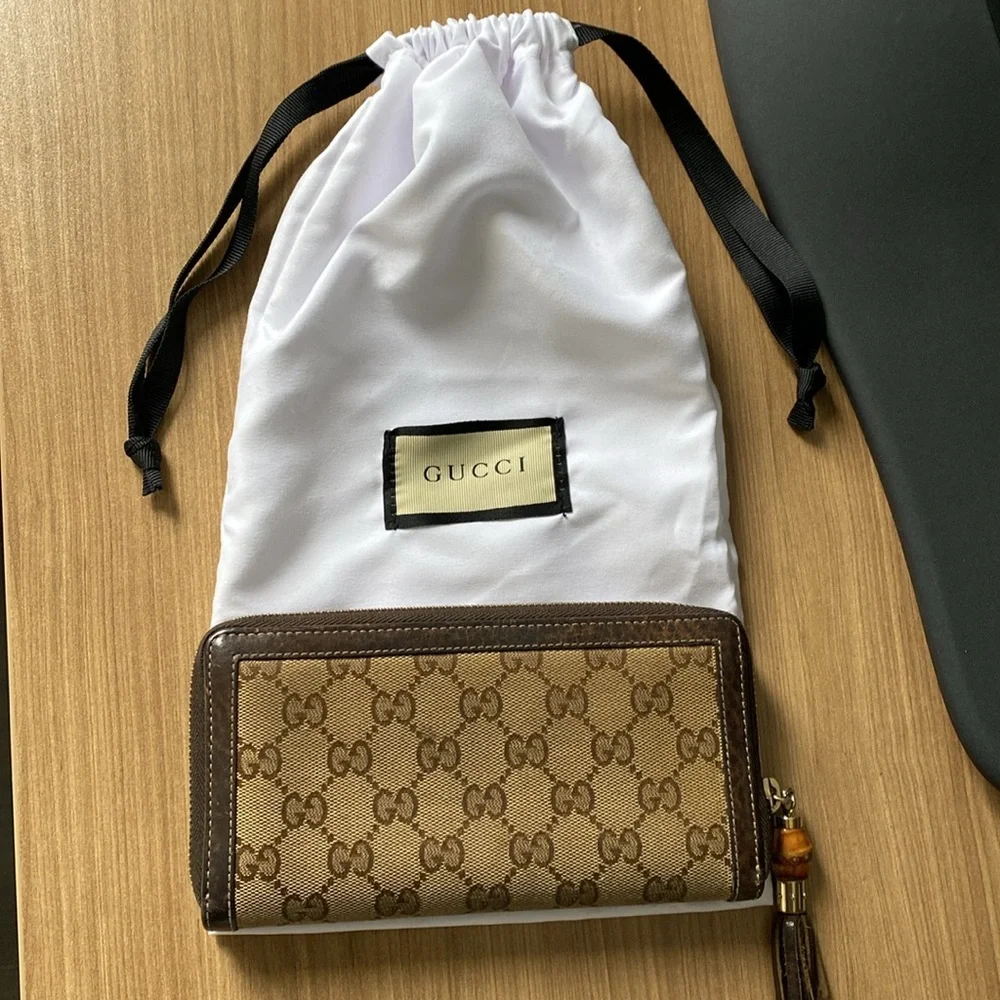 Authentic Gucci leather trim GG monogram bamboo tassel long wallet - Picture 6 of 7